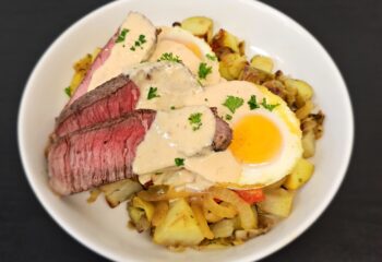 Steak Potato Hash with Smoked Tomato Hollandaise