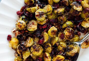 Thanksgiving Balsamic Roasted Brussels with Cranberries and Pecans